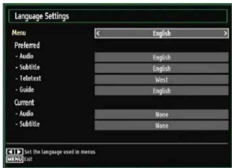 Language Settings Menu English Preferred - Audio English - Subtitle English - Teletext-West - Guide English Current - Audio None - Subtitle None Set the language used in menus MENU Exit