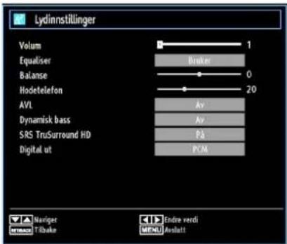 Lydinnstilinger Volum 1 Equaliser Bruker Balance 0 Hodetelefon 20 AVL Av Dynamisk bass Av SRS TruSurround HD PÅ Digital ut PCM Navigator Endre verdi Tikake MENU Avslatt