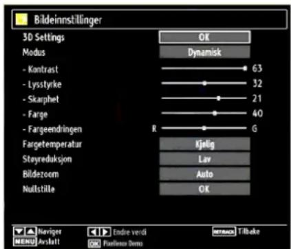 Bildeinnstillinger 3D Settings OK Modus Dynamisk - Kontrast 63 - Lystyrke 32 - Skarphet 21 - Farge 40 - Fargeendringen R G Targetemperatur Kjelig Stayreduksjon Lav Bildezoom Auto Nullstille OK