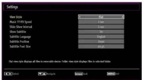 Settings View Style Full Music FF/FFR Speed 5 sec. Slide Show Interval 5 sec. Show Subtitle Dim Subtitle Language English Subtitle Position Shutter Subtitle Font Size 4x pt List view style displays all files in readable device. Folder view style displays files in selected folder. OK Cancel Cancel Help Back Cancel Back