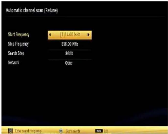 Automatic channel scan (Retune) Start Frequency [1]14.00 MHz Stop Frequency 858.00 MHz Search Step 80.00 Network Other