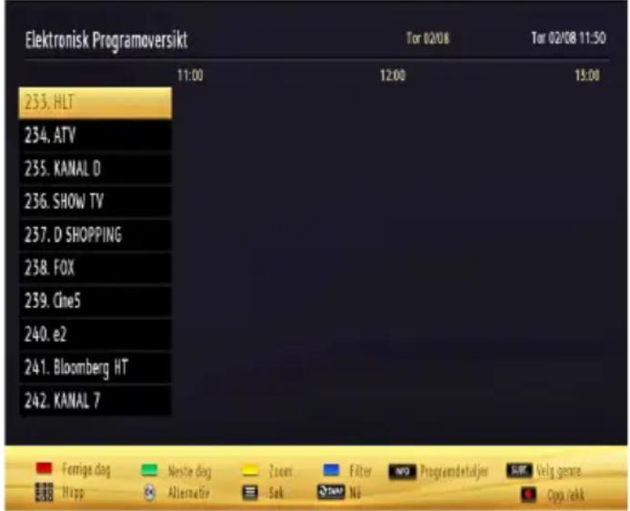 Elektronisk Programoversikt Tor 02/08 Tor 02/08 11:50 11:00 12:00 15:00 233. HLT 234. ATV 235. KANAL D 236. SHOW TV 237. D SHOPPING 238. FOX 239. Cine5 240. e2 241. Bloomberg HT 242. KANAL 7 Ferriga dag Neste dag Zoom Filter MFD Programdetakjer SMT Velg genome Happ Alternativ Sek TNAV NG Copa/vek