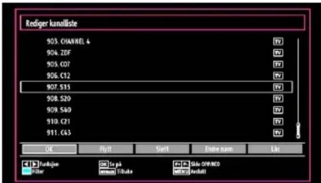 Rediger kanalliste 903. CHANNEL 4 904. ZDF 905. CO7 906. C12 907. S15 908. S20 909. S40 910. C21 911. C43 OK Flytt Slett Endre nam Link Furlighen Filter OK Se ptk rensen Tiltika Ftl Slu OPENED MCD/ Fortalt