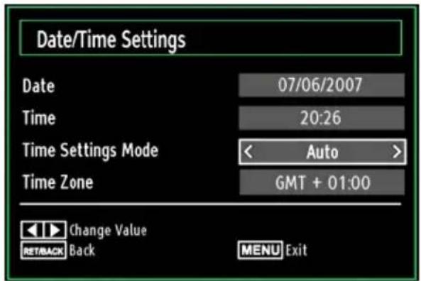 Date/Time Settings Date 07/06/2007 Time 20:26 Time Settings Mode < Auto > Time Zone GMT + 01:00 Change Value RETBACK Back MENU Exit