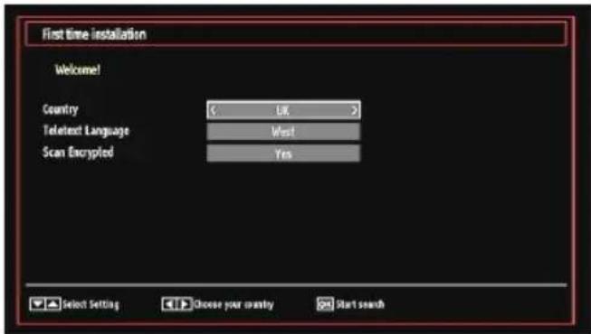 First time installation Welcome! Country < UK >> Teletext Language West Scan Encrypted Yes Select Setting Choose your country Start search
