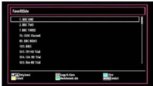 FavoriteListe 1. BBC ONE 2. BBC TWO 7. BBC THREE 70. CBC Channel 80. BBC NEWS 105. BBQ 503. ITV HD Trial 504. Cha HD Trial 505. Five HD Trial Twiglunai Fibert Logg W.Fjem Mockwork site Filter MEMS Audio