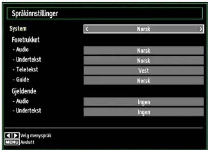 Språkinnstillinger System Norsk Foretrukket - Audio Norsk - Undertekst Norsk - Teletekst Vest - Guide Norsk Gjeldende - Audio Ingen - Undertekst Ingen Velg menyspråk MENU Avslutt