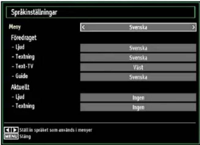 Språkinställningar Meny Svenska Föredraget - Ljud Svenska - Textning Svenska - Text-TV Väst - Guide Svenska Aktuellt - Ljud Ingen - Textning Ingen Ställ in språket som används i menyer MENU Stäng