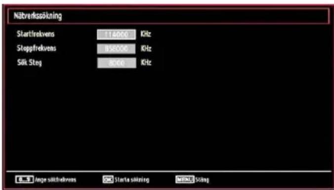 Nätverkssökning Startfrekvens 114000 KHz Stopfrekvens 85000 KHz Särk Steg 8000 KHz Ange särkfrekvens Starta sökning MENU Söling