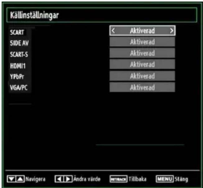 Källinställningar SCART SIDE AV SCART-S HDMI1 YPbPr VGA/PC < Aktiverad > Aktiverad Aktiverad Aktiverad Aktiverad Aktiverad Aktiverad Navigera Ändra värde MTBACK Tillbaka MENU Stäng