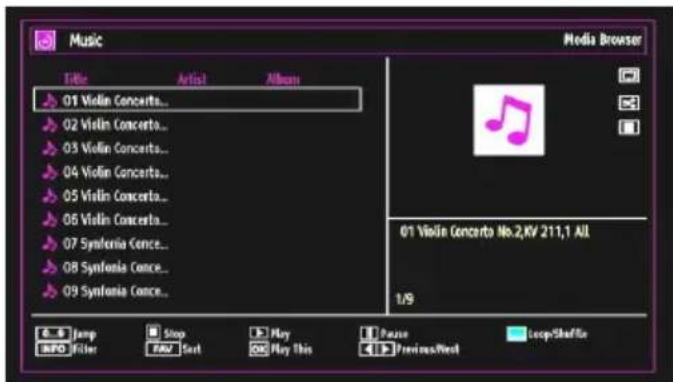 Music Media Browser Title Artist Album 01 Violin Concerts... 02 Violin Concerts... 03 Violin Concerts... 04 Violin Concerts... 05 Violin Concerts... 06 Violin Concerts... 07 Synfonia Conce... 08 Synfonia Conce... 09 Synfonia Conce... 01 Violin Concerts No.2,KV 211,1 All 1/9 Jump Stop Play Pause Loop/Staff BPO Filer FAN Sort OK Play This Previous/Next