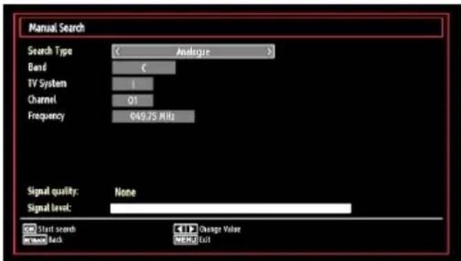 Manual Search Search Type C Analogee Band C TV System I Channel Q1 Frequency 649.75 MHz Signal quality: None Signal level: Start search Back Change Value MEH Exit