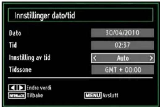 Innstillinger dato/tid Dato 30/04/2010 Tid 02:37 Innstilling av tid < Auto > Tidssone GMT + 00:00 Endre verdi RETRACK Tilbake MENU Avslutt