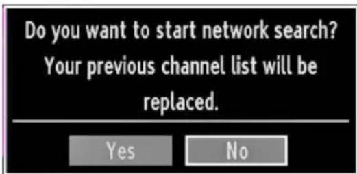 Do you want to start network search? Your previous channel list will be replaced. Yes No