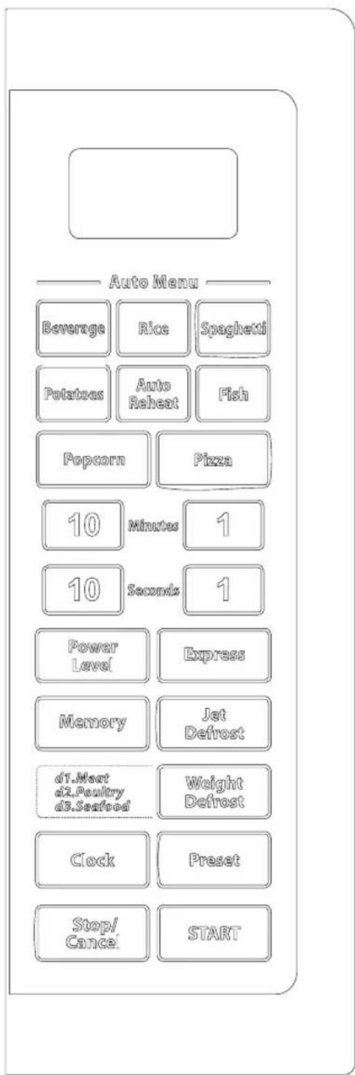 Auto Menu Beverage Rice Spaghetti Potatoes Auto Reheat Fish Popcorn Pizza 10 Minutes 1 10 Seconds 1 Power Level Express Memory Jet Defrost d1.Meat d2.Poultry d3.Seafrod Weight Defrost Clock Preset Stop/Cancel SART