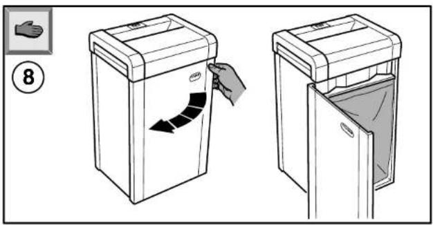 Diagram illustrating a hand removing a trash bin into a slotted bag, with numbered instructions and a magnified view of the hand.