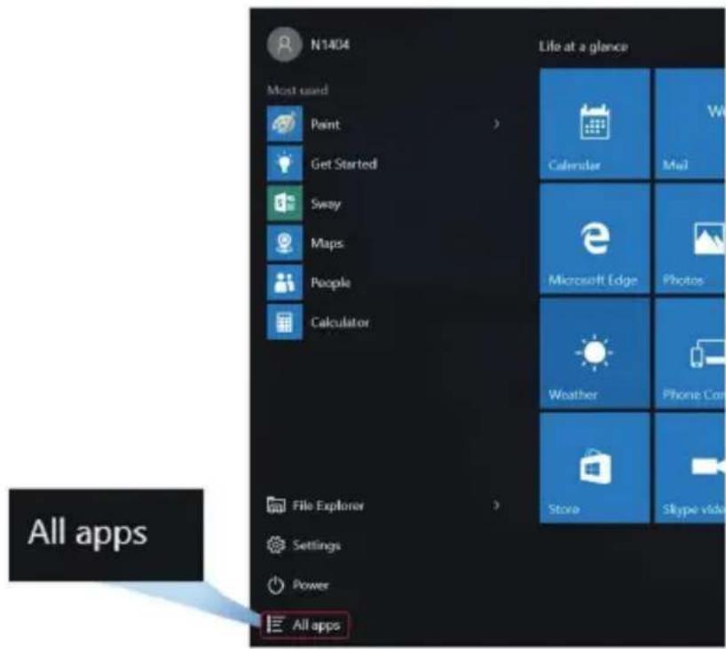 N1404 Life at a glance Most used Paint Get Started Sway Maps People Calculator All apps File Explorer Settings Power All apps Calendar Mail Microsoft Edge Photos Weather Phone Com Store Skype video