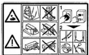 Warning panel with hazard symbols and numbered instructions for safety or repair actions