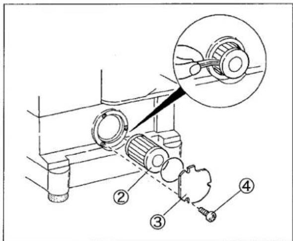 Technical diagram showing mechanical assembly with numbered parts and a magnified inset view of a gear mechanism.