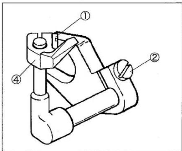 Technical diagram of a mechanical clamp or bracket with numbered parts labeled ①, ②, and ④.