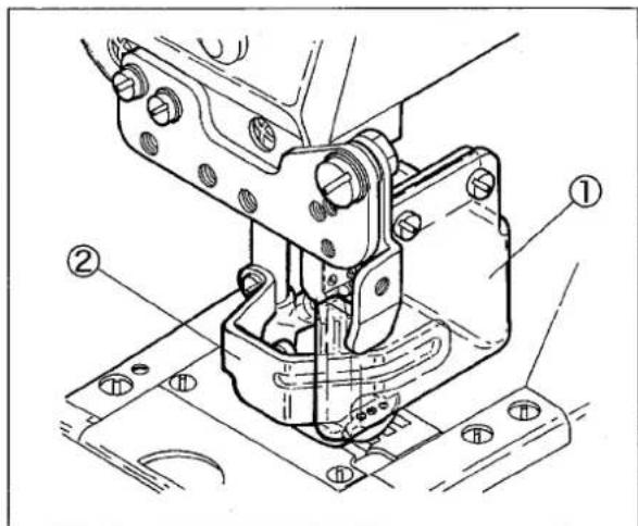 Technical diagram of a mechanical clamp assembly with numbered parts labeled ① and ②