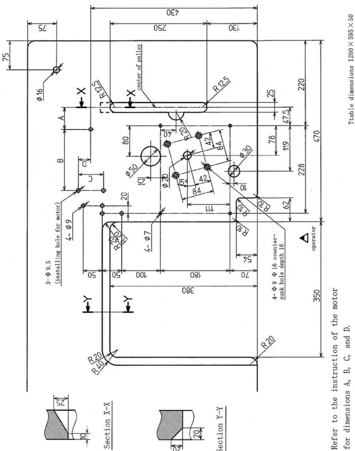 Section X-X Section Y-Y 3-Φ9.5 (installing hole for motor) 4-Φ9 R20 Y 50 R20 20 100 4-Φ7 380 180 70 54 R10 R10 62 4-Φ9 Φ16 counter- sunk hole depth 16 operator 350 operator 75 75 B A C D φ16 X R12.5 center of pulley 250 430 130 228 47.5 78 119 φ30 42 84 φ20 φ50 80 25 40 R20 R12.5 250 470 Ttable dimensions 1200×595×50