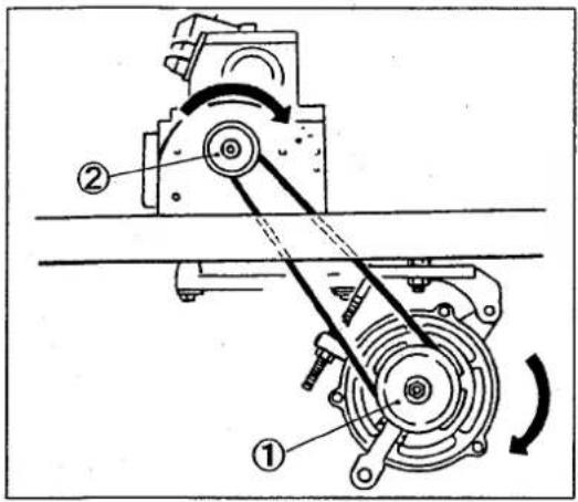 Technical diagram of a mechanical device with labeled parts and directional arrows indicating motion or force