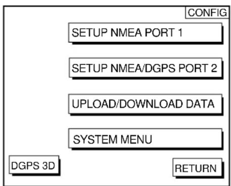 CONFIG SETUP NMEA PORT 1 SETUP NMEA/DGPS PORT 2 UPLOAD/DOWNLOAD DATA SYSTEM MENU DGPS 3D RETURN