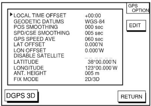 ▶ LOCAL TIME OFFSET +00:00 GEODETIC DATUMS WGS-84 POS SMOOTHING 000 sec SPD/CSE SMOOTHING 005 sec GPS SPEED AVE 060 sec LAT OFFSET 0.000'N LON OFFSET 0.000'W DISABLE SATELLITE LATITUDE 38°00.000'N LONGITUDE 123°00.000'W ANT. HEIGHT 005 m FIX MODE 2D/3D DGPS 3D RETURN GPS OPTION EDIT
