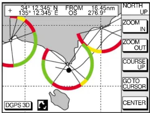 + 34° 12.345' N FROM 16.45nm 135° 12.345' E OS 276.9° NORTH UP ZOOM IN ZOOM OUT COURSE UP GO TO CURSOR CENTER DGPS 3D