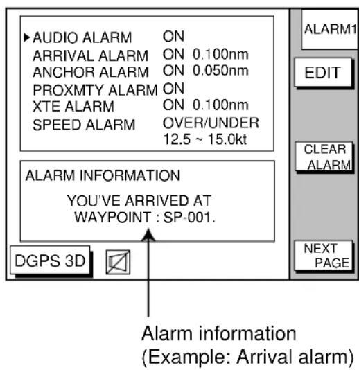 AUDIO ALARM ON ARRIVAL ALARM ON 0.100nm ANCHOR ALARM ON 0.050nm PROXMTY ALARM ON XTE ALARM ON 0.100nm SPEED ALARM OVER/UNDER 12.5 ~ 15.0kt ALARM INFORMATION YOU'VE ARRIVED AT WAYPOINT : SP-001. DGPS 3D ALARM1 EDIT CLEAR ALARM NEXT PAGE Alarm information (Example: Arrival alarm)