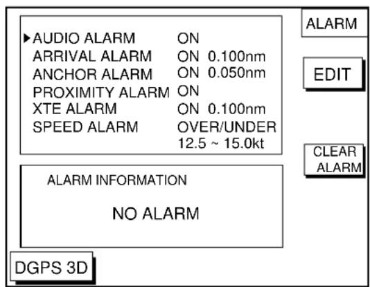 AUDIO ALARM ON ARRIVAL ALARM ON 0.100nm ANCHOR ALARM ON 0.050nm PROXIMITY ALARM ON XTE ALARM ON 0.100nm SPEED ALARM OVER/UNDER 12.5 ~ 15.0kt ALARM EDIT CLEAR ALARM ALARM INFORMATION NO ALARM DGPS 3D