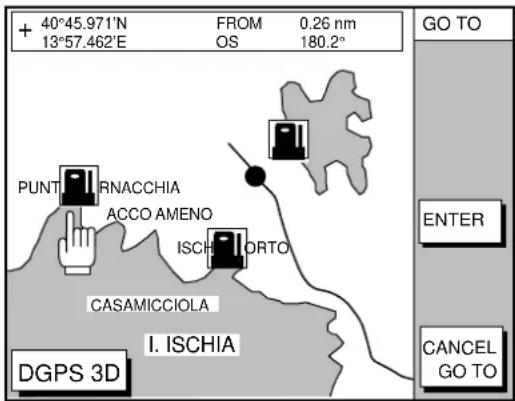 + 40°45.971'N FROM 0.26 nm 13°57.462'E OS 180.2° PUNT RNACCHIA ACCO AMENO ISCH I TORTO CASAMICCIOLA I. ISCHIA DGPS 3D GO TO ENTER CANCEL GO TO