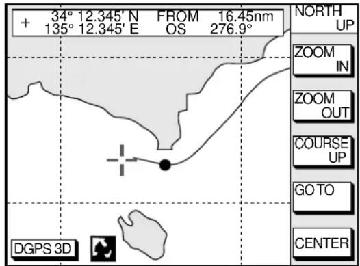+ 34° 12.345' N FROM 16.45nm + 135° 12.345' E OS 276.9° NORTH UP ZOOM IN ZOOM OUT COURSE UP GO TO CENTER DGPS 3D