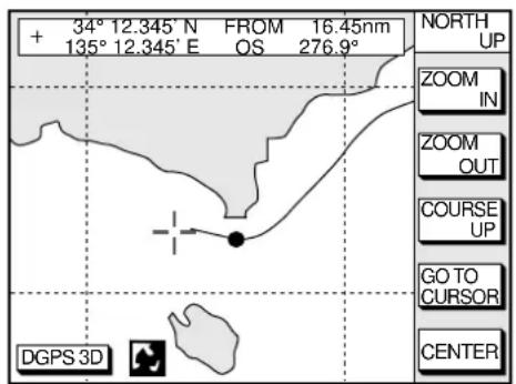+ 34° 12.345' N FROM 16.45nm 135° 12.345' E OS 276.9° NORTH UP ZOOM IN ZOOM OUT COURSE UP GO TO CURSOR CENTER DGPS 3D