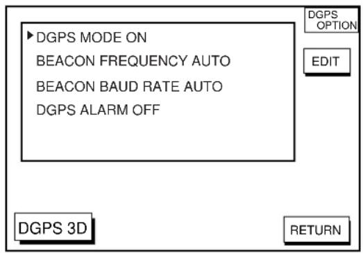 DGPS MODE ON BEACON FREQUENCY AUTO BEACON BAUD RATE AUTO DGPS ALARM OFF DGPS OPTION EDIT DGPS 3D RETURN