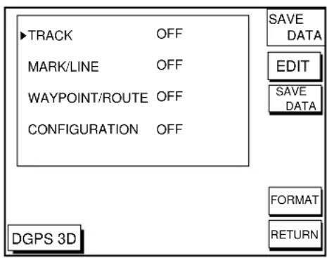 TRACK OFF MARK/LINE OFF WAYPOINT/ROUTE OFF CONFIGURATION OFF DGPS 3D SAVE DATA EDIT SAVE DATA FORMAT RETURN