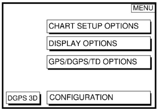 MENU CHART SETUP OPTIONS DISPLAY OPTIONS GPS/DGPS/TD OPTIONS DGPS 3D CONFIGURATION