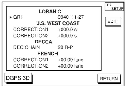 LORAN C ▶ GRI 9940 11-27 U.S. WEST COAST CORRECTION1 +000.0 s CORRECTION2 +000.0 s DECCA DEC CHAIN 20 R-P FRENCH CORRECTION1 +00.00 lane CORRECTION2 +00.00 lane TD SETUP EDIT DGPS 3D RETURN