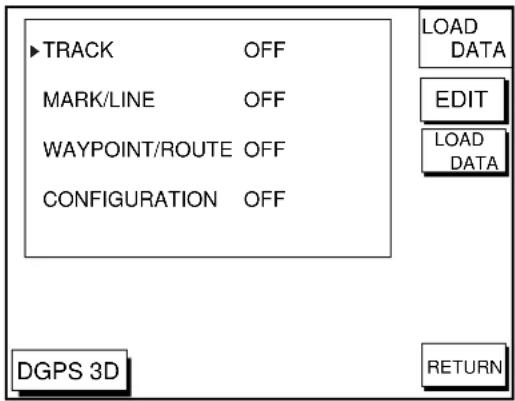 TRACK OFF MARK/LINE OFF WAYPOINT/ROUTE OFF CONFIGURATION OFF LOAD DATA EDIT LOAD DATA DGPS 3D RETURN