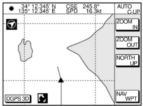 34° 12.345' N 135° 12.345' E CSE SPD 245.8° 16.3kt AUTO C-UP ZOOM IN ZOOM OUT NORTH UP NAV WPT DGPS 3D