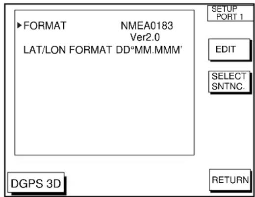 ▶FORMAT NMEA0183 Ver2.0 LAT/LON FORMAT DD°MM.MMM' DGPS 3D SETUP PORT 1 EDIT SELECT SNTNC. RETURN