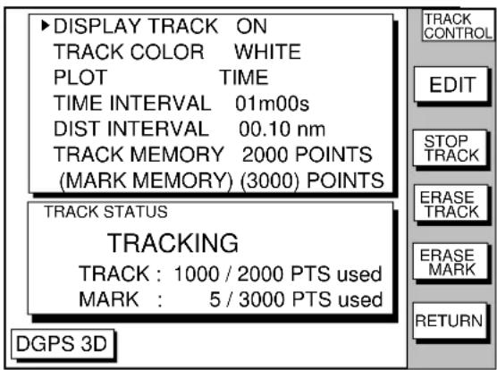 DISPLAY TRACK ON TRACK COLOR WHITE PLOT TIME TIME INTERVAL 01m00s DIST INTERVAL 00.10 nm TRACK MEMORY 2000 POINTS (MARK MEMORY) (3000) POINTS TRACK STATUS TRACKING TRACK : 1000 / 2000 PTS used MARK : 5 / 3000 PTS used DGPS 3D TRACK CONTROL EDIT STOP TRACK ERASE TRACK ERASE MARK RETURN