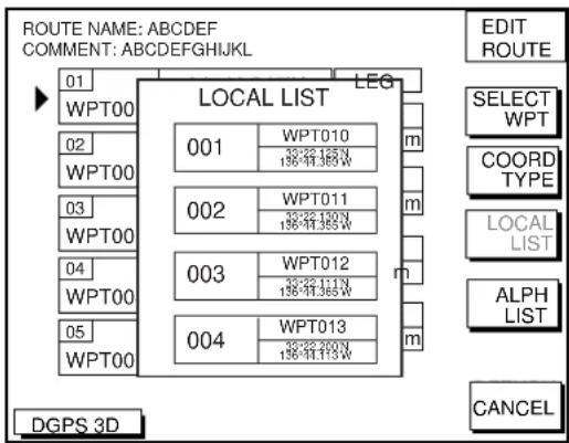 ROUTE NAME: ABCDEF COMMENT: ABCDEFGHIJKL 01 WPT00 02 WPT00 03 WPT00 04 WPT00 05 WPT00 LOCAL LIST LEG 001 WPT010 83-22 168 N 136-44.365 W m 002 WPT011 83-22 190 N 136-44.365 W m 003 WPT012 83-22 111 N 136-44.365 W m 004 WPT013 83-22 200 N 136-44.113 W m DGPS 3D EDIT ROUTE SELECT WPT COORD TYPE LOCAL LIST ALPH LIST CANCEL