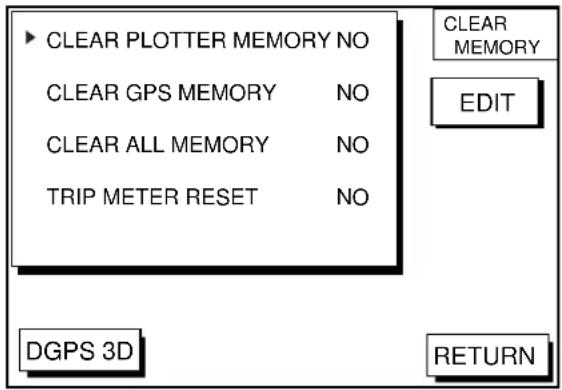 CLEAR PLOTTER MEMORY NO CLEAR GPS MEMORY NO CLEAR ALL MEMORY NO TRIP METER RESET NO DGPS 3D CLEAR MEMORY EDIT RETURN
