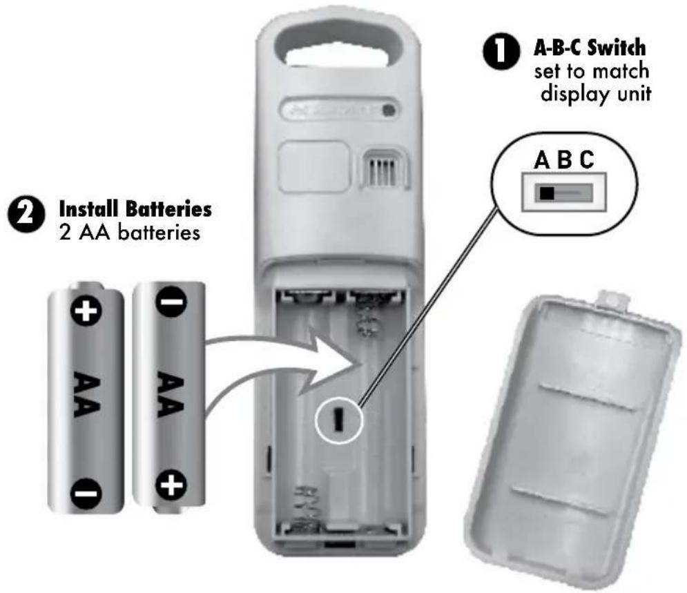 ① A-B-C Switch set to match display unit ② Install Batteries 2 AA batteries A B C