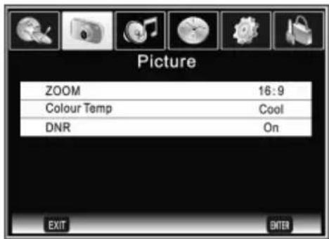 Picture ZOOM 16:9 Colour Temp Cool DNR On EXIT ENTER