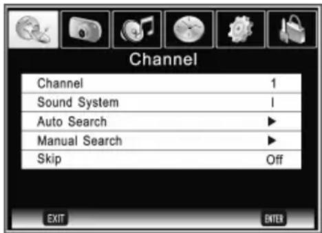 Channel Channel 1 Sound System 1 Auto Search ► Manual Search ► Skip Off EXIT ENTER