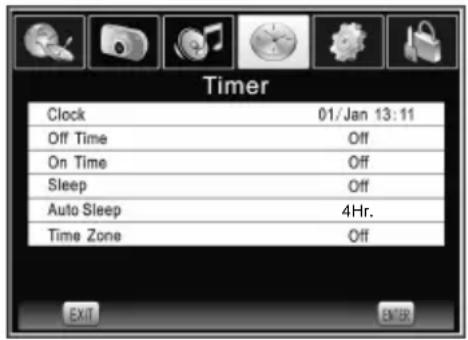 Timer Clock 01/Jan 13:11 Off Time Off On Time Off Sleep Off Auto Sleep 4Hr. Time Zone Off EXIT ENTER