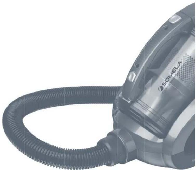 Close-up of a black SOMEA vacuum cleaner with coiled hose (no visible text or symbols)